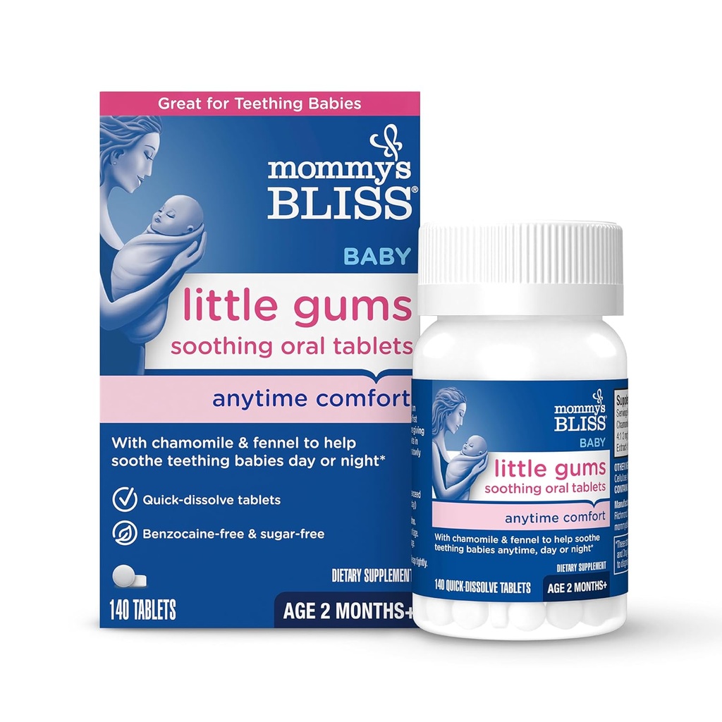 Mors Bliss Little Gums Lindring Oral Tablets, Great for Teething Babyer, Benzocaine- Free & Sugar- Free, 2 måneder +, 1 flaske (140 tabletter)