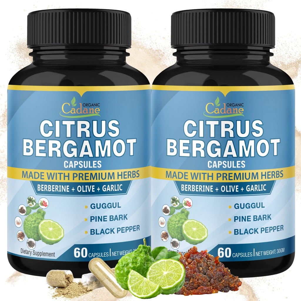 Cadane 2 pakker Citrus Bergamot Extract kapsler med Berberine, Olive, Guggul, Hvidløg, Pine Bark, Black Pepper Budd124; 4 Months Supply