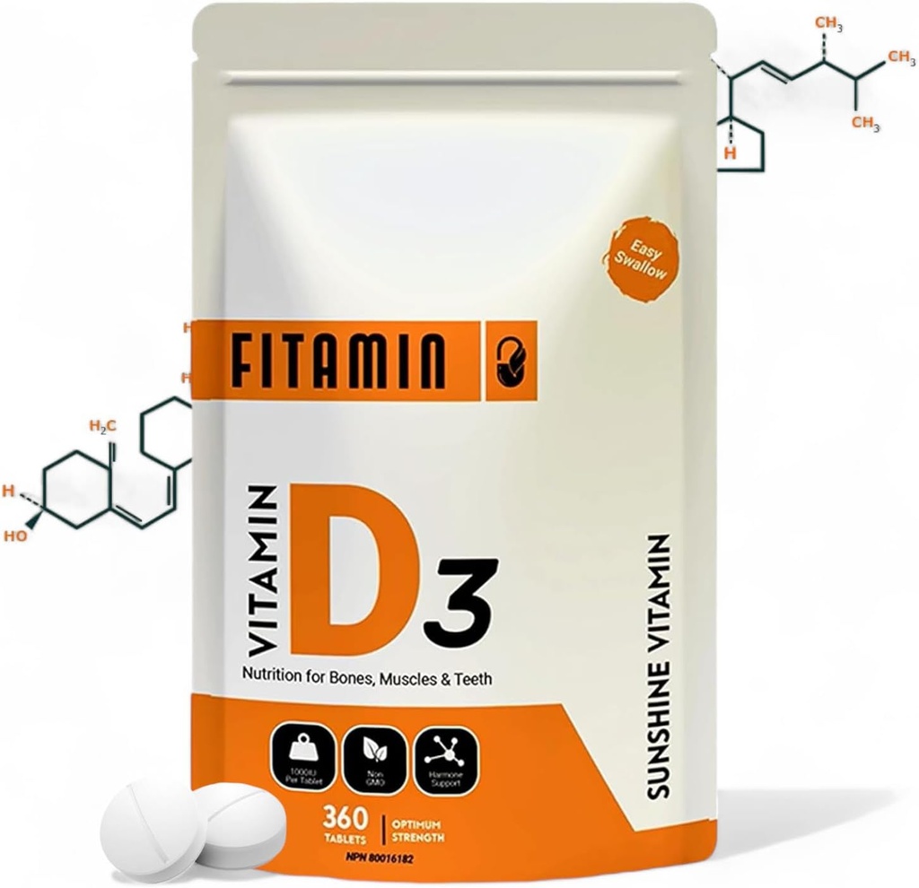 Vitamin D3 1000iu - 360 Easy- Swallow Tablets for Strong Bones, Sunde tænder, Immunsystemet Support & Muscle Function - Natural Vitamin D Supplement - 1 års levering til mænd, kvinder og seniorer