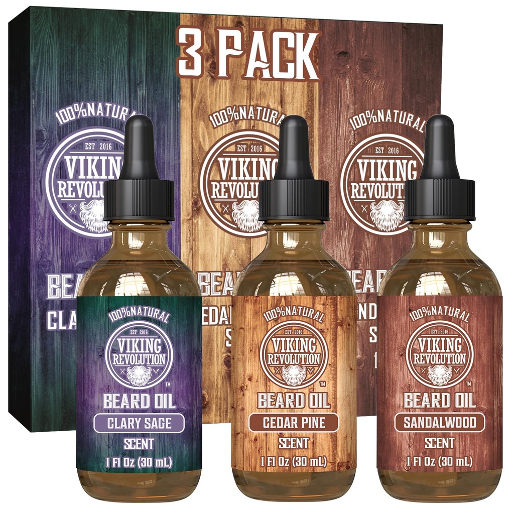 Viking Revolution Beard Oil for Men 3 Pack - Natural Herre Beard Oil Variety Set - Sandalwood, Pine og Cedar, Clary Sage Scents - Beard Conditioning og fugtgivende for et sundt skæg (3 Pack, 1oz)