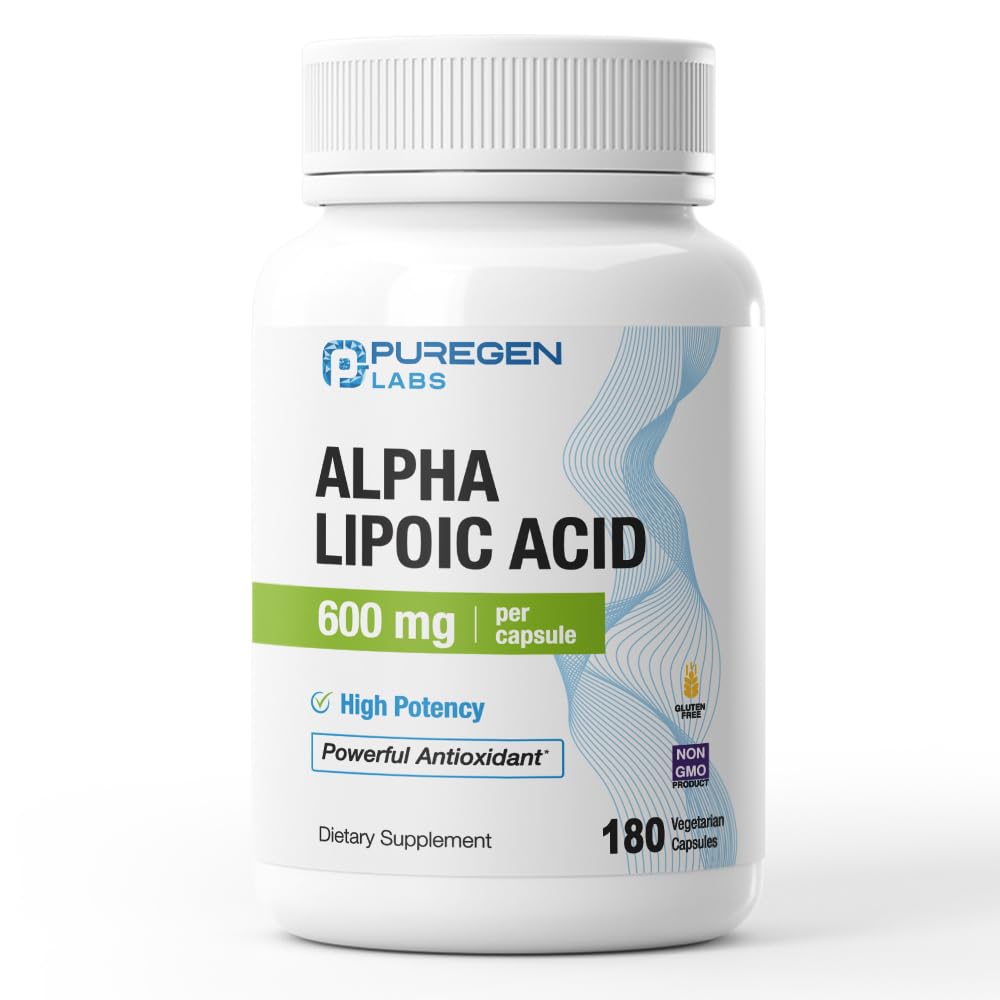 Puregen Labs Alpha Lipoic Acid 600 mg [høj potens] 180 Servering - Antioxidant Support 124; Ingen skadelige tilsætningsstoffer; Non- GMO, NO Gluten og Dairy, 600 mg pr Veggie Capsule - Made in USA