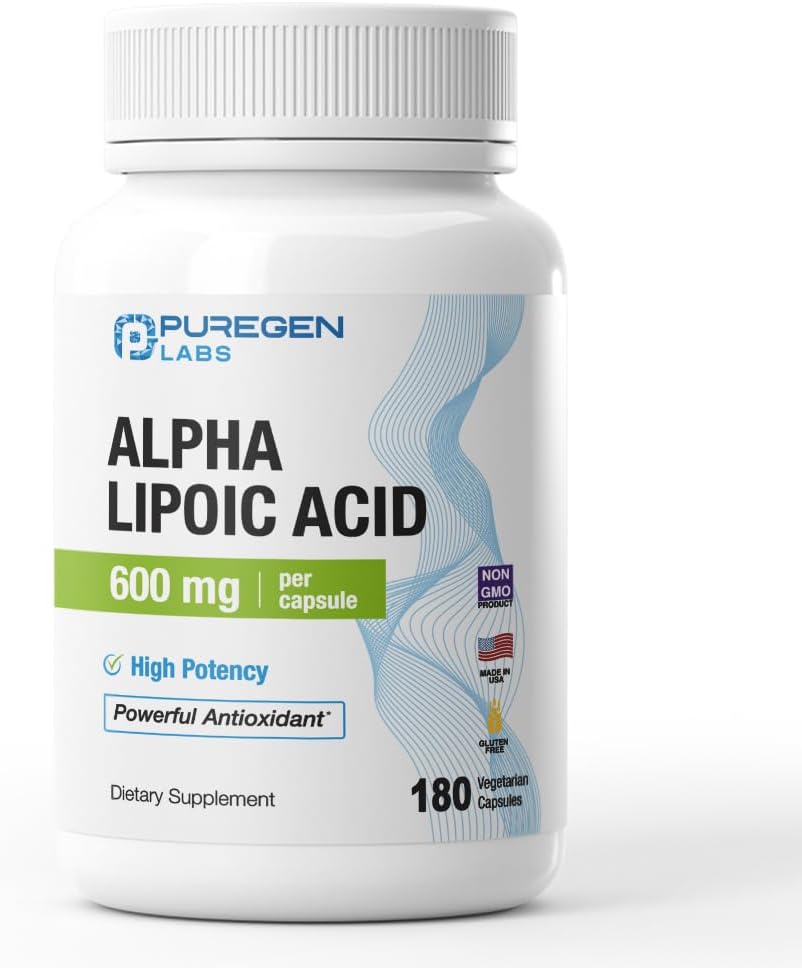 Puregen Labs Alpha Lipoic Acid 600 mg [høj potens] 180 Servering - Antioxidant Support 124; Ingen skadelige tilsætningsstoffer; Non- GMO, NO Gluten og Dairy, 600 mg pr Veggie Capsule - Made in USA
