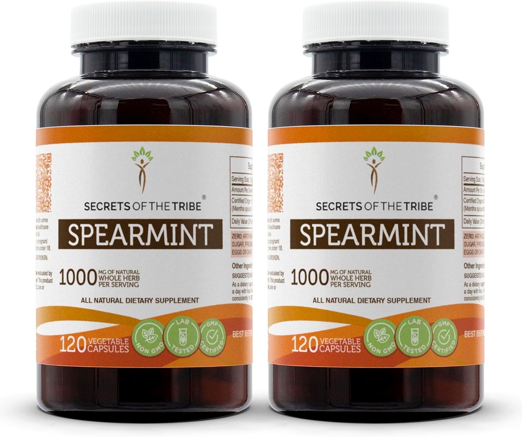 Secrets of the Tribe Spearmint Capsules 1000 mg Spearmint (Mentha spicata) Tørret Leaf, Women 's Hormone Support Supplement (2x120 Kapsler)