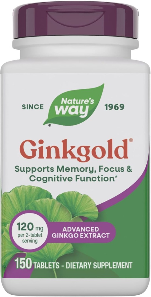 Nature 's Way Ginkgold Advanced Ginkgo Extract, Understøtter hukommelse, Focus & Cognitive Funktion *, Ginkgo Biloba Extract, 150 tabletter (Packaging May Vary)