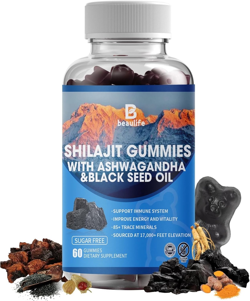 Shilajit Gummies, Shilajit, Resin, med 85 + Spormineraler, Fulvic Acid, Phytonutrients, C-vitamin, D, B12, Ashwagandha, Chaga Mushroom, Gurkemeje, for Energy, immunforsvar