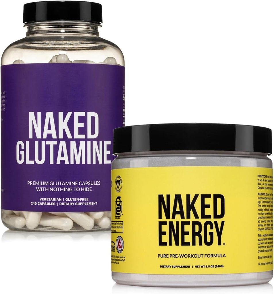 NAKED Vegan Energizing Muscle Recovery Bundle Unflavored Energy og 240 L- Glutamin kapsler, 1000 mg