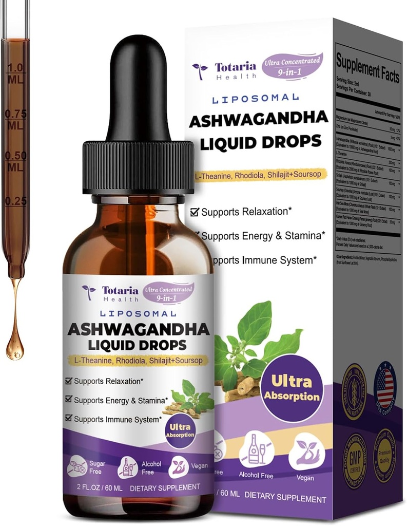 Totaria Liposomal Ashwagandha Liquid Drops w / Shilajit, Magnesium, Soursop, L- Theanine, Ultra Extact Ashwagandha Root Extract 124; 7% Hutanolides