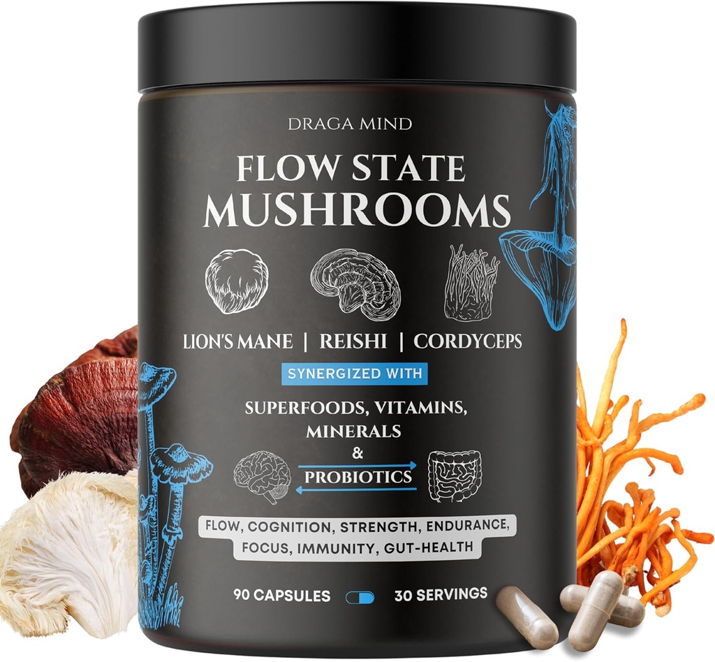 Flow Mushroom Complex med Super Foods, Vitamin og Min; Cordyceps, Lions Mane og Reishi Extract 124; Shilajit, Ashwagandha, Astaxanthin, Vitamin D3 + K2, Magnesium L threonat
