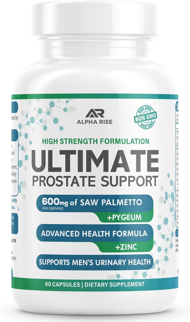 Bedste over- the- counter prostata support sundhed supplement til mænd - 600 mg Saw Palmetto 300mg Pygeum - 16 urter + zink - Relief fra udvidet prostata & stop hyppig vandladning - 60 kapsler