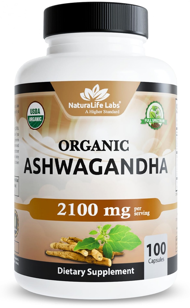 NaturaLife Labs Organic Ashwagandha 2100 mg per servering - Root Powder & Extract - 100 kapsler - Vegan, Non- GMO, Gluten- Free