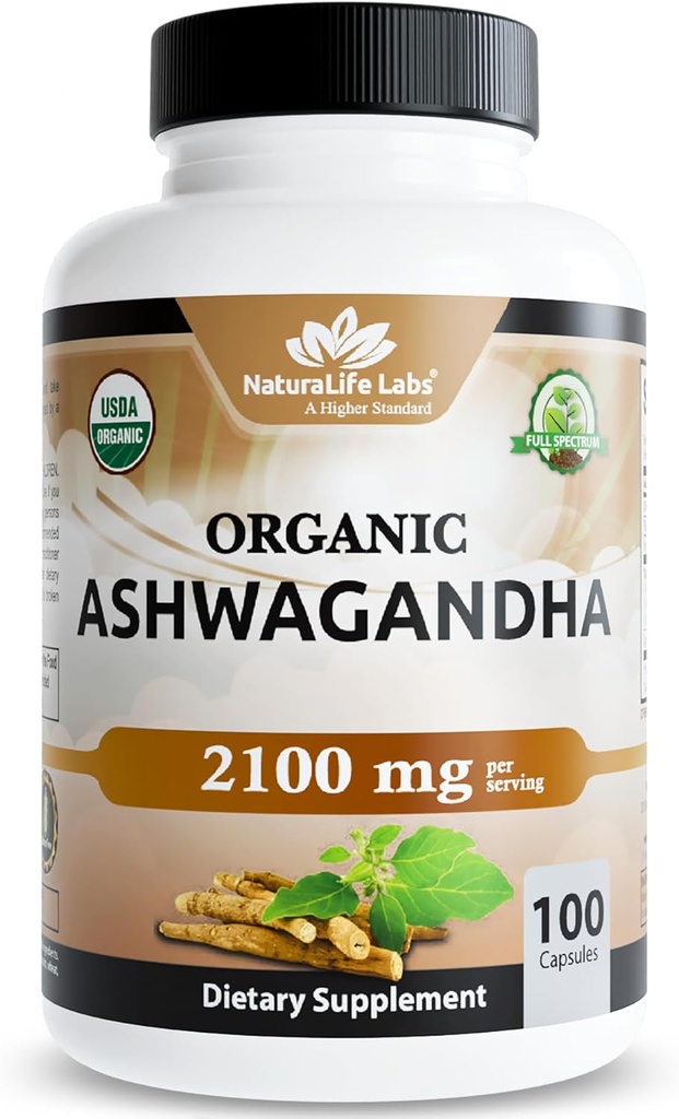 NaturaLife Labs Organic Ashwagandha 2100 mg per servering - Root Powder & Extract - 100 kapsler - Vegan, Non- GMO, Gluten- Free