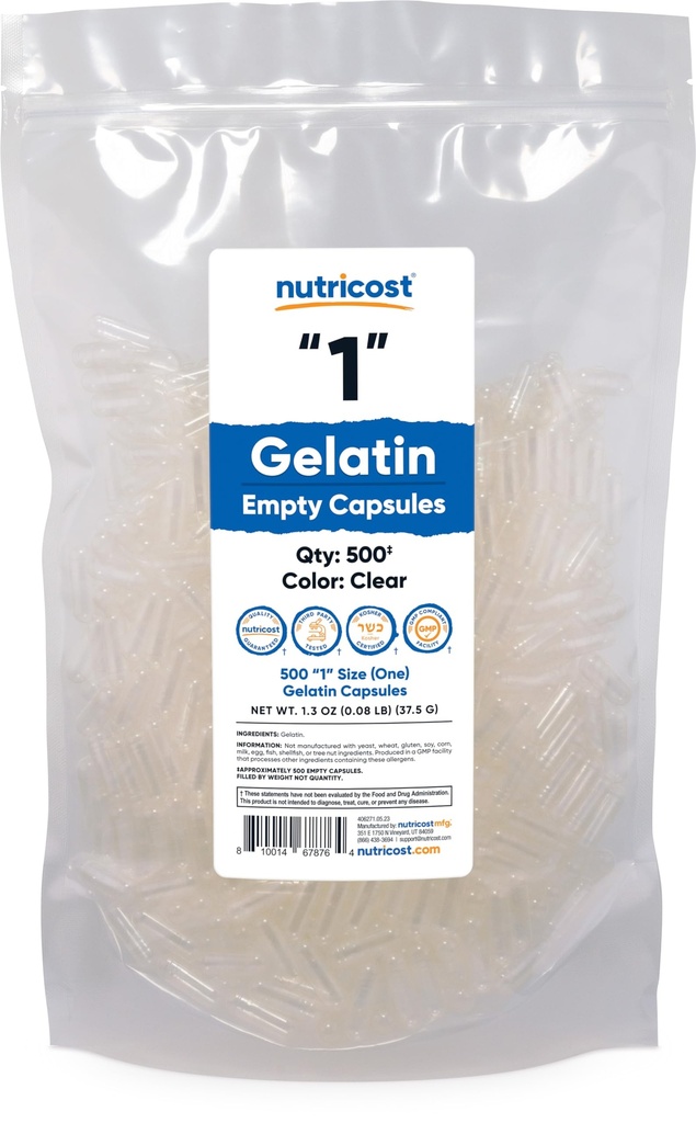 Nutricost tomme kapsler Gelatine størrelse 1-500 Clear tomme '1' Gel kapsler - Kosher, Non- GMO, Soy Free, Gluten Free