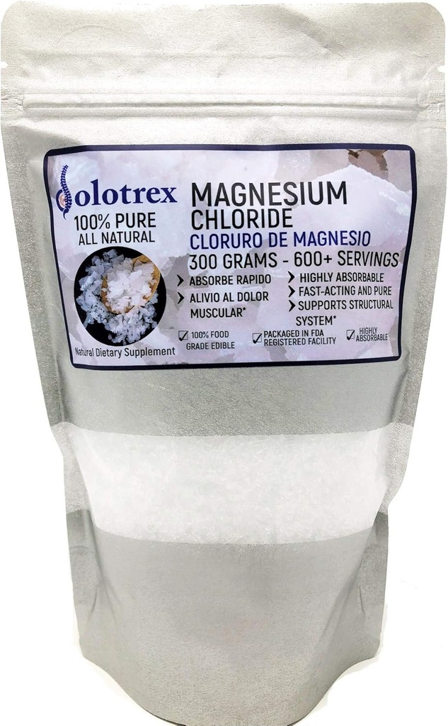 Cloruro de Magnesio 100% Pure Magnesium Chloride Food Grade 300 Grams Spiselige Magnesium Højt Absorberbare til daglig brug som supplement eller Magnesiumolie op til 600 Servere 10.58 Oz
