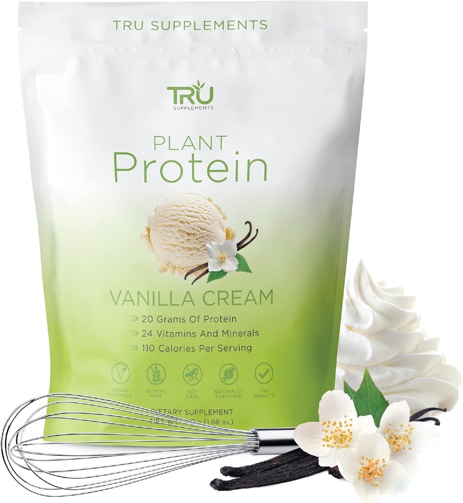 TRU Kosttilskud Plantebaseret Protein Powder, BCAA, EAA, 20g Vegan Brown Rice & Pea Protein, 100 kalorier, 27 Vitamin, Ingen kunstige Artiskokker 25 Servering (Vanilla)