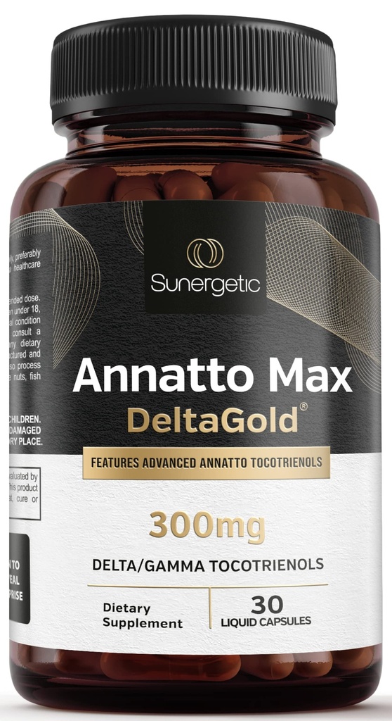 Sunergetic Premium Annatto Tocotrienol Supplement - med DeltaGold - Tocotrienols E 300 mg - Understøtter lever, immunforsvar og hjerte sundhed - Delta + Gamma Tocotrienoler (30 flydende kapsler)