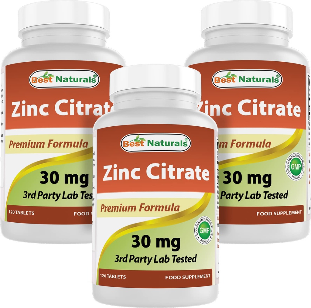 Bedste Naturals Zink 30mg Kosttilskud (som Zink Citrate) - zink Vitaminer for voksne immunforsvar - 120 tabletter (120 Tæl (pakke med 3))
