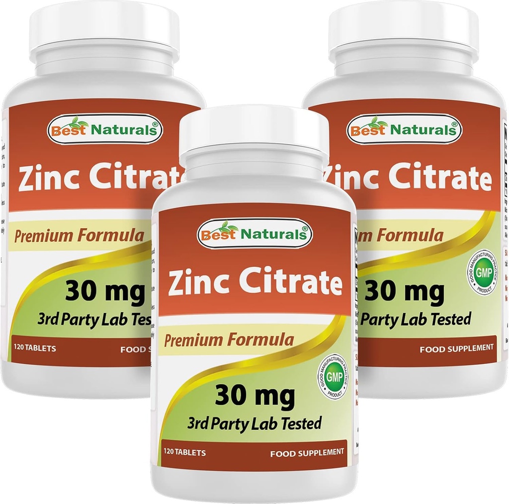 Bedste Naturals Zink 30mg Kosttilskud (som Zink Citrate) - zink Vitaminer for voksne immunforsvar - 120 tabletter (120 Tæl (pakke med 3))