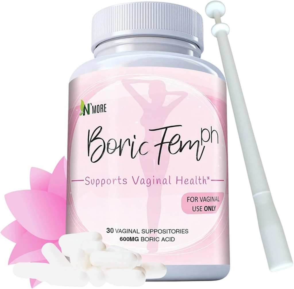 N 'More Boric Acid Vaginal Suppposites - 100% Pure Made in USA - Boricfem Support Vaginal Health (One) (30 Servering, Boricfem med Applicator)