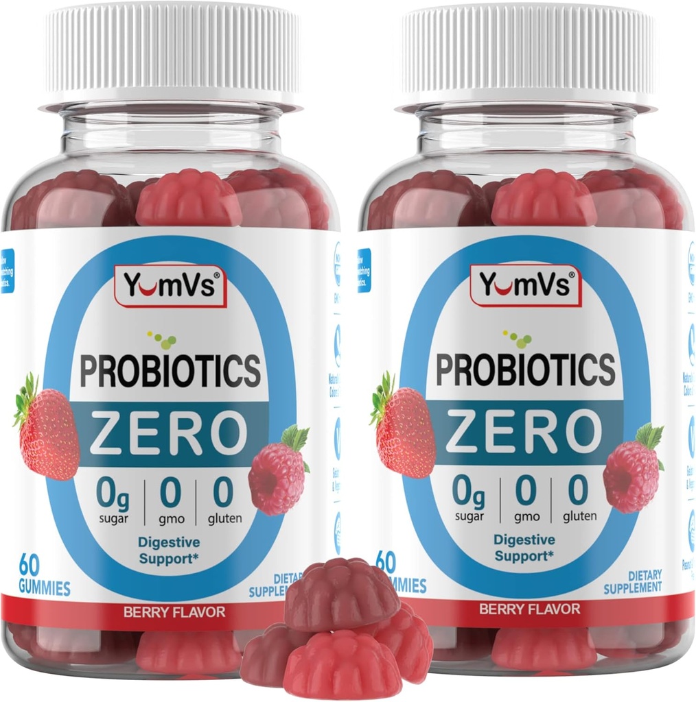 YUM- V 'S - Zero Sugar Probiotic Gummies for Digestive Health - Sugar Free Probiotics for Women, Mænd & Kids - Gut Health Probiotic Gummies for Voksnes & Kids (60 Greve (Pack of 2))