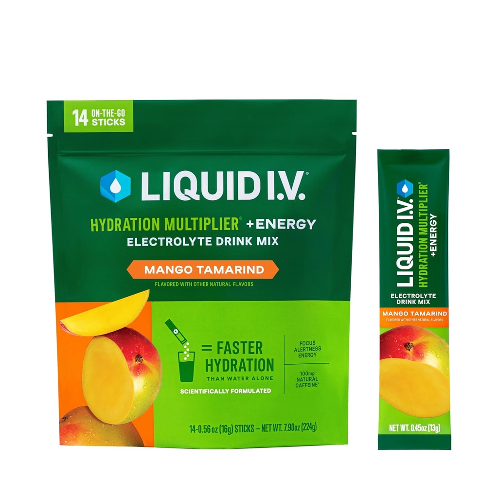 Liquid I.V. ® Hydration Multiplier ® + Energy - Mango Tamarind - Hydration Powder Packets - 124; Electrolyte Powder Drink Mix 124; Praktisk Single-Serving Sticks - 124; Non- GMO - 124; 14 Servering (pakke med 12)