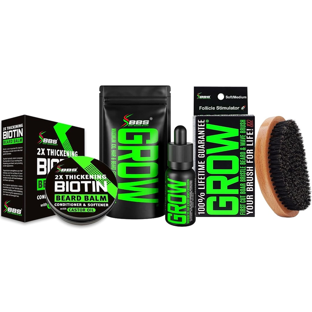 Beard Growth Kit w / GroW XXL Beard Oil / Serum til ansigtshår vækst for mænd + 100% Lifetime Erstatning Boar Brittle Brush + 2X Thickening Biotin Mustache Wax & Balm for mænd - Formuleret i Amerika