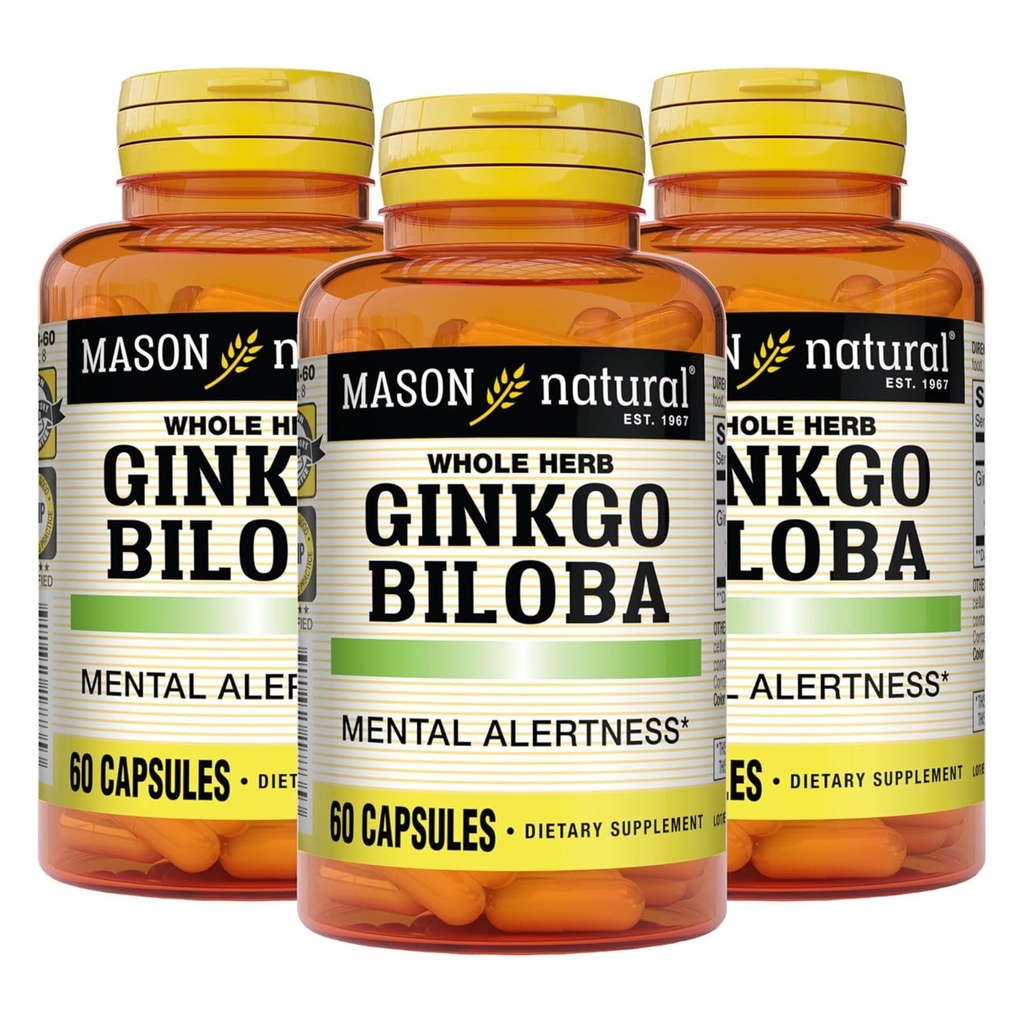 MASON NATURAL Ginkgo Biloba, 3 måneders levering, hjælper med at forbedre mental alerness & Support Optimal hjerne funktion, 60 kapsler (3 Pack)