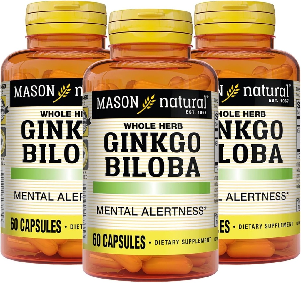 MASON NATURAL Ginkgo Biloba, 3 måneders levering, hjælper med at forbedre mental alerness & Support Optimal hjerne funktion, 60 kapsler (3 Pack)