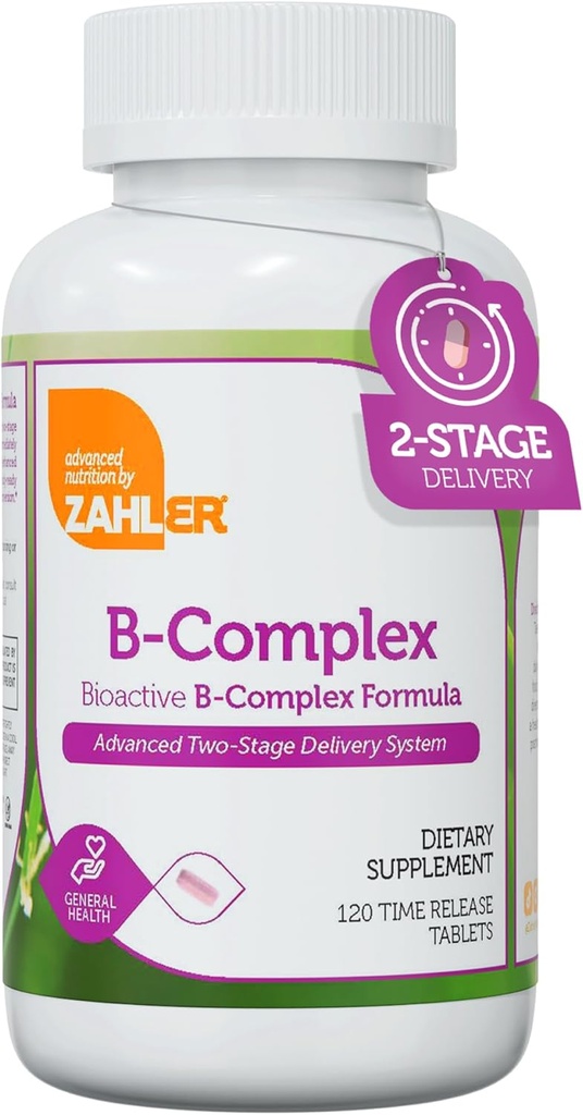 Zahler B- Complex Vitaminer for kvinder & mænd - Vitamin B Complex - B Vitaminer Complex med B1 B2 B3 B5 B6 B7 B9 B12 - Advanced 2- Stage Delivery System - Gluten Free Kosher Non- GMO VIT B (120 tabletter)