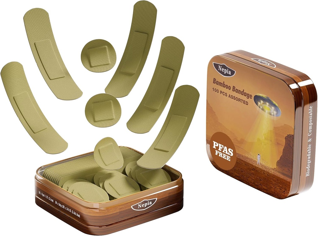 Nepia Hypoallergen Bambus Stof Assorteret Shapes Bandages Dex124; PFAS Free & Latex Gratis 124; Miljøvenlig Komposterbar Bandaids til Følsomme Hud & Scrapes Dex124; Fleksibel Fabric Family Pack (100 Count)