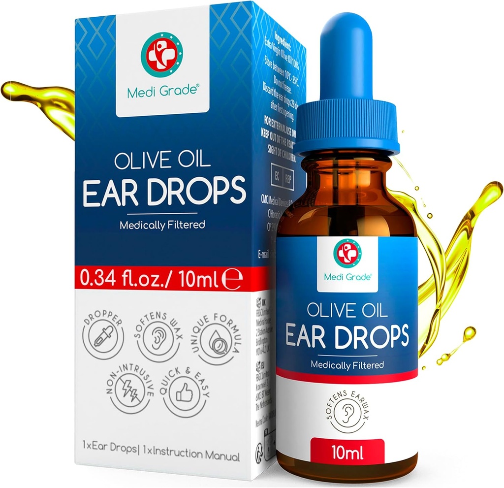Medi Grade Olivenolie Ear Drops til Wax Removal og Blocked Ears, 10ml - 100% Natural Ear Wax Removal Drops med Pipette Dropper Softens og Fjerner hærdet Earwax Buildup - Advanced Ear Wax Drops