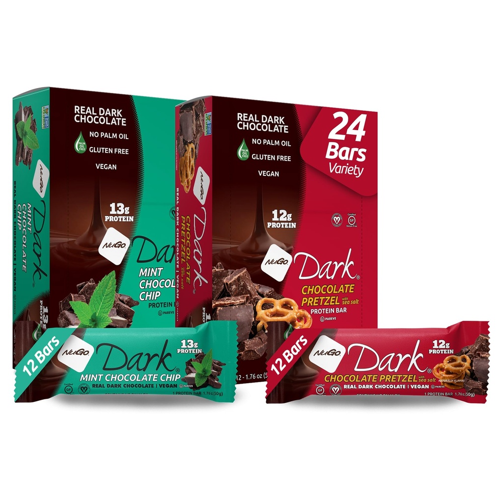 NuGo Dark Variety - Chokolade Pretzel 12 Barer & Mint Chokolade Chip 12 Barer, 12- 13g Protein, Vegan, Gluten Free, Non- GMO, Kosher Pareve, 24 Greve