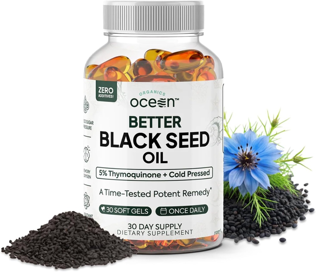 Organics Ocean Better Black Seed Oil Cold Pressed - Pure Nigella Sativa Oil for immunforsvar - 5% Thymoquinon - Support Memory, Vitality, og Cellular Health