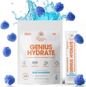 The Genius Brand - Genius Hydrate Stick Pack Powder Mix - Blå Raspberry Flavor, Natural Electrolyte Booster med kokos vand & kalium til Ultimate Hydration - 20 Pakker