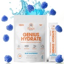 The Genius Brand - Genius Hydrate Stick Pack Powder Mix - Blå Raspberry Flavor, Natural Electrolyte Booster med kokos vand & kalium til Ultimate Hydration - 20 Pakker
