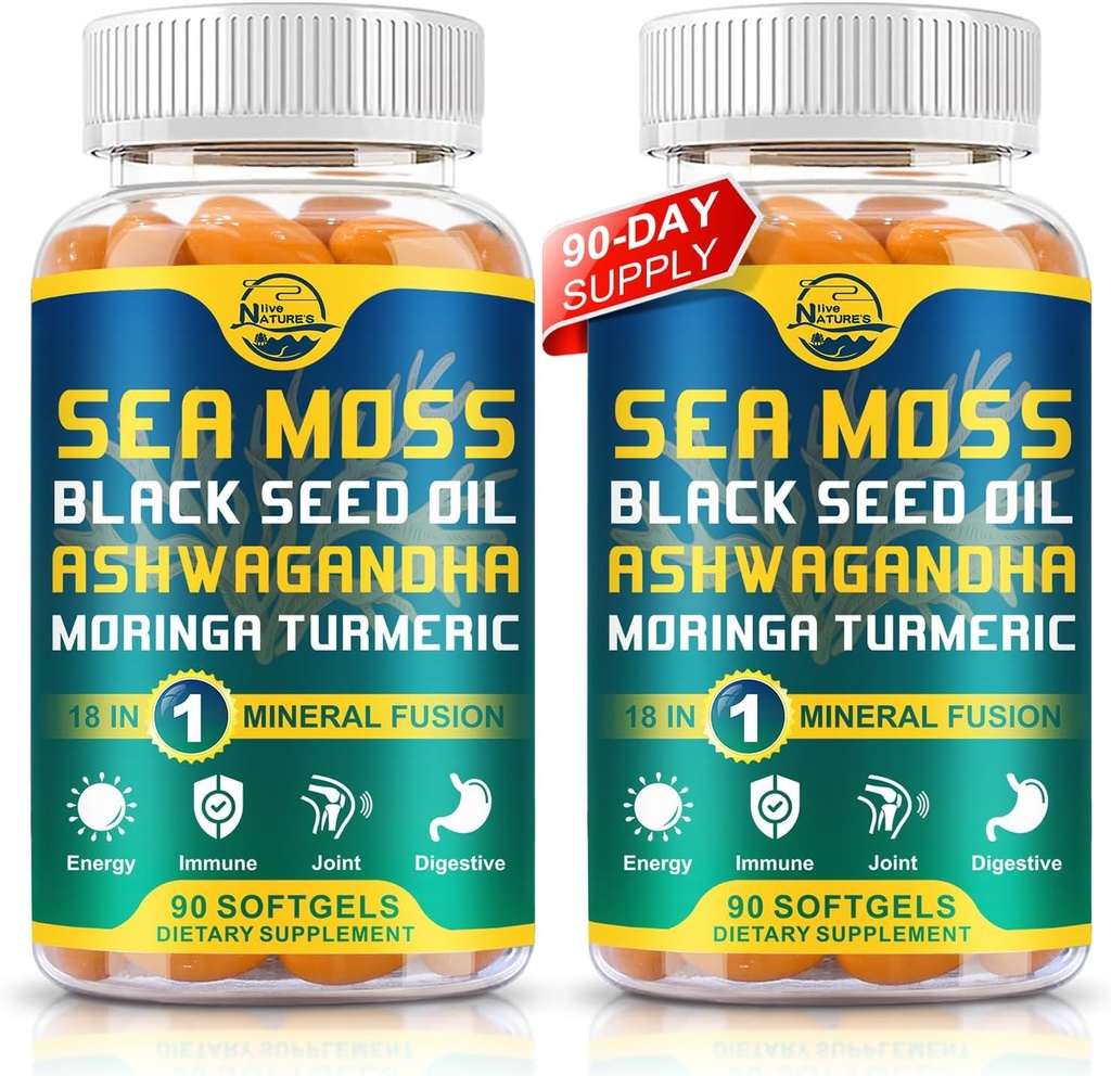 Nature 's live Organic Sea Moss Softgels med Black Seed Oil, Ashwagandha, Bladderwrack, Ginger, Burdock Root, Manuka honning, Cinnamon for Immunsystem, Hud, Energi, 90 Softgels, 2 Pack