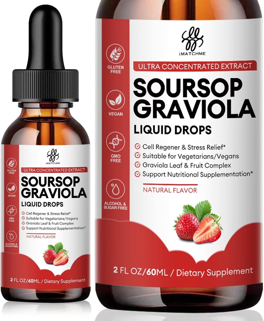 iMATCHME Soursop Graviola Liquid Drop, Soursop Bitters Liquid, Natural Soursop Blade & Fruit Complex for Total Wellness, Sugar / Coffein / Gluten Free, Strawberry Flavor, 2 Fl Oz