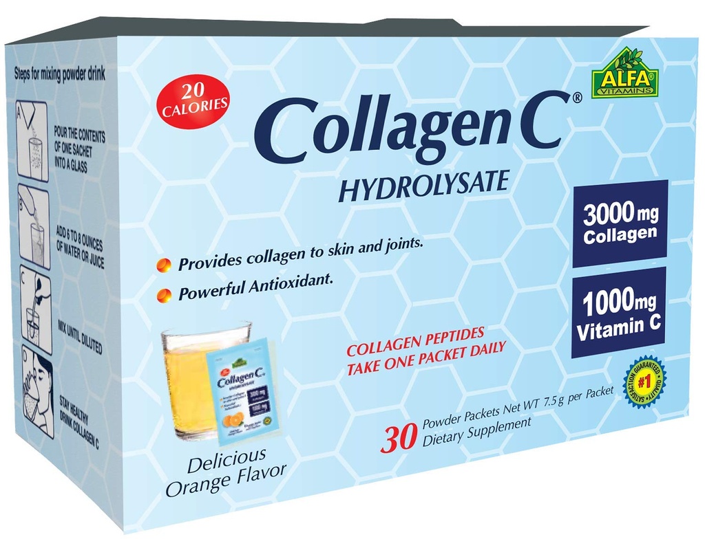 ALFA VITAMINS Collagen C Peptides Hydrolysate Powder Supplement, Vitamin C 1000mg, Gluten Free Hydrolyzed Collagen for Skin, Hair, Nails, Joint & Bone Support, Antioxidant, 30 Sachets per Box, 1 Pack