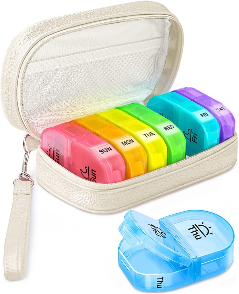 Cute Pill Organizer 2 gange om dagen, PU Leather Pill sag for kvinder, Bærbar Ugentlig Pill Box til Purse med opbevaring taske til at holde vitaminer, Medicin, Fiskeolier, Kosttilskud (Beige)