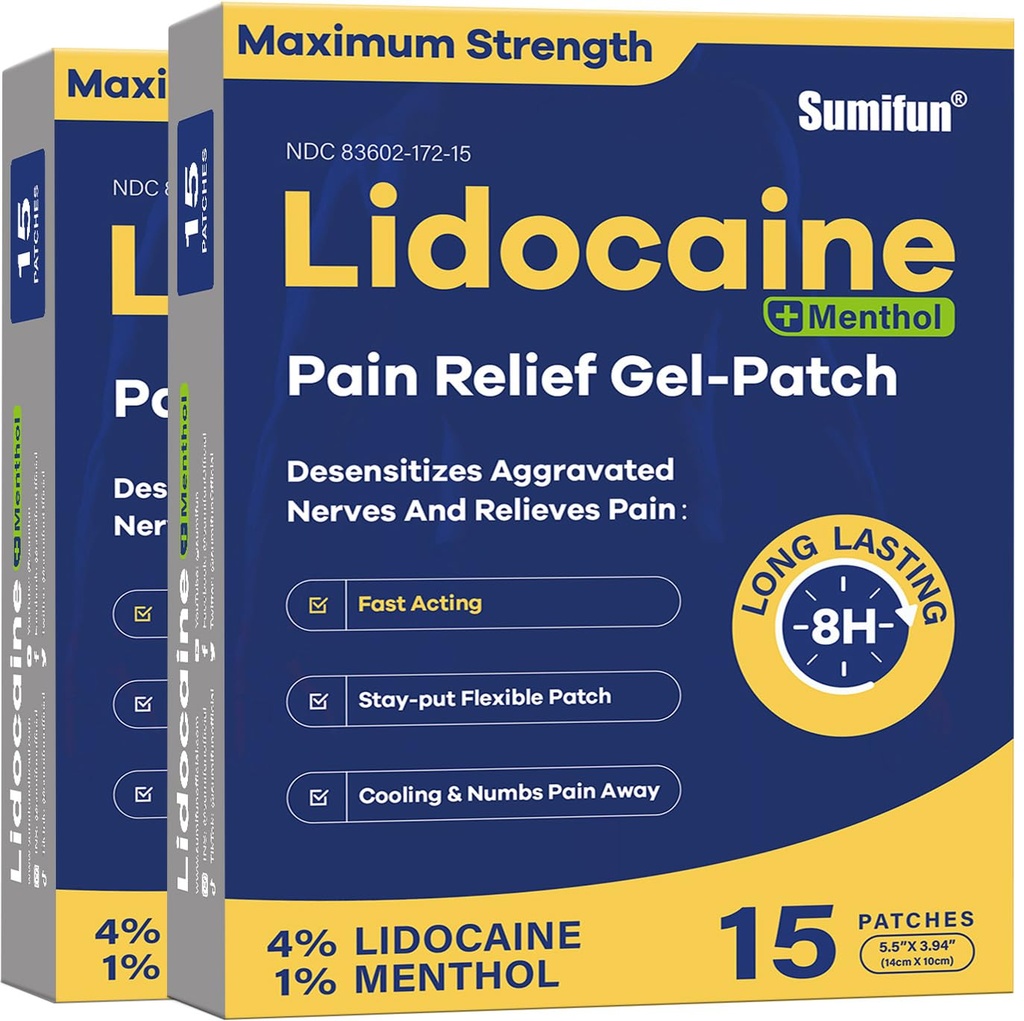 Sumifun 4% Lidocain Patches Plus 1% Menthol - 30 Tæller maksimal styrke OTC smertelindring Patches til tilbage Ache Stiff Neck fælles smerte muskel ømhed Topical Analygesic