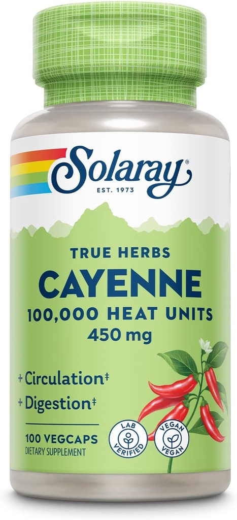SOLARAY Cayenne Pepper 450 mg 10, 000 heat unit 12, 4; sund fordøjelse, cirkulation, Metabolisme & Kardiovaskulær Support