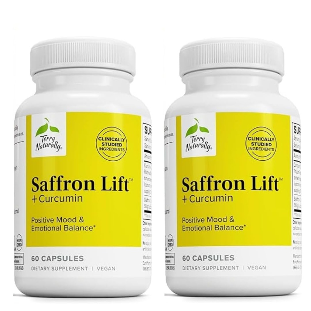 Terry naturligt Saffron Lift + Curcumin - Urtetilskud med Curcumin - Non- GMO Saffron & Brain Curcumin Kapsler - Koncentration & Afslapning Support Supplement - 60 Kapsler (Pakke med 2)