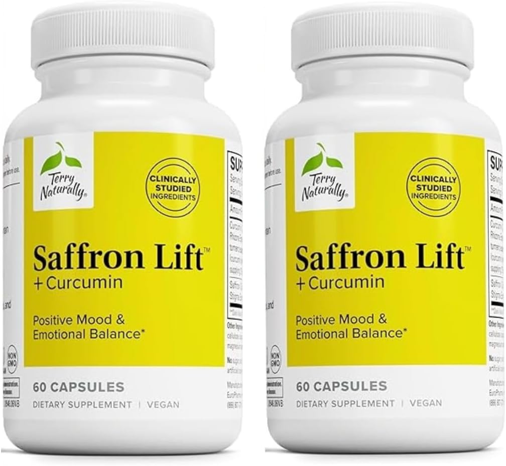 Terry naturligt Saffron Lift + Curcumin - Urtetilskud med Curcumin - Non- GMO Saffron & Brain Curcumin Kapsler - Koncentration & Afslapning Support Supplement - 60 Kapsler (Pakke med 2)