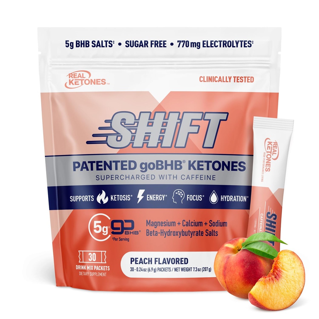 Ægte Ketoner BHB Eksogene Ketoner Drink Mix Pakninger Keto Elektrolytes Powder Pakninger Ingen Sukker med 4 Main Fastende Elektrolyter Plus Hydrerende Patenteret Keto BHB - 30 Greve Peach Koffein