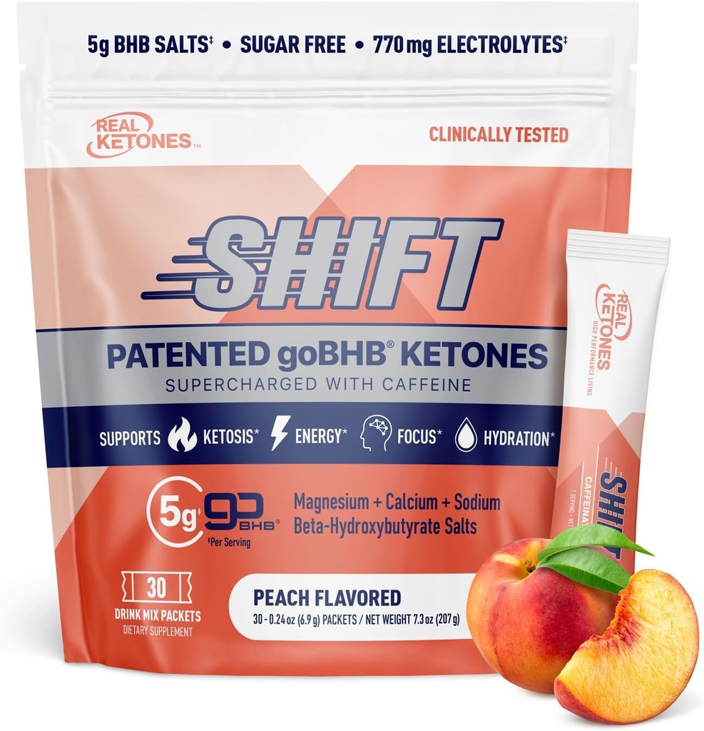 Ægte Ketoner BHB Eksogene Ketoner Drink Mix Pakninger Keto Elektrolytes Powder Pakninger Ingen Sukker med 4 Main Fastende Elektrolyter Plus Hydrerende Patenteret Keto BHB - 30 Greve Peach Koffein