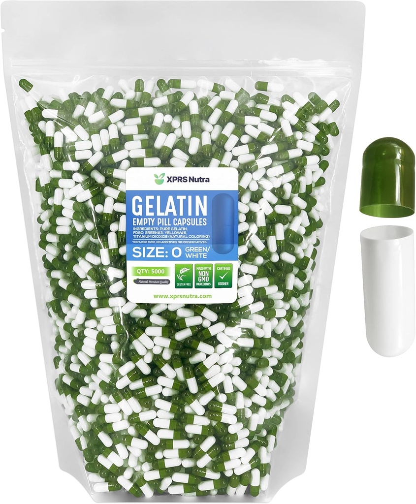XPRS Nutra Size 0 Empty Capsules - 5000 Count Empty Gelatin Capsules - Pill DIY Capsule Filling - Pure Bovine Pill Gel Caps for Do-It-Yourself Supplements (Green/White)