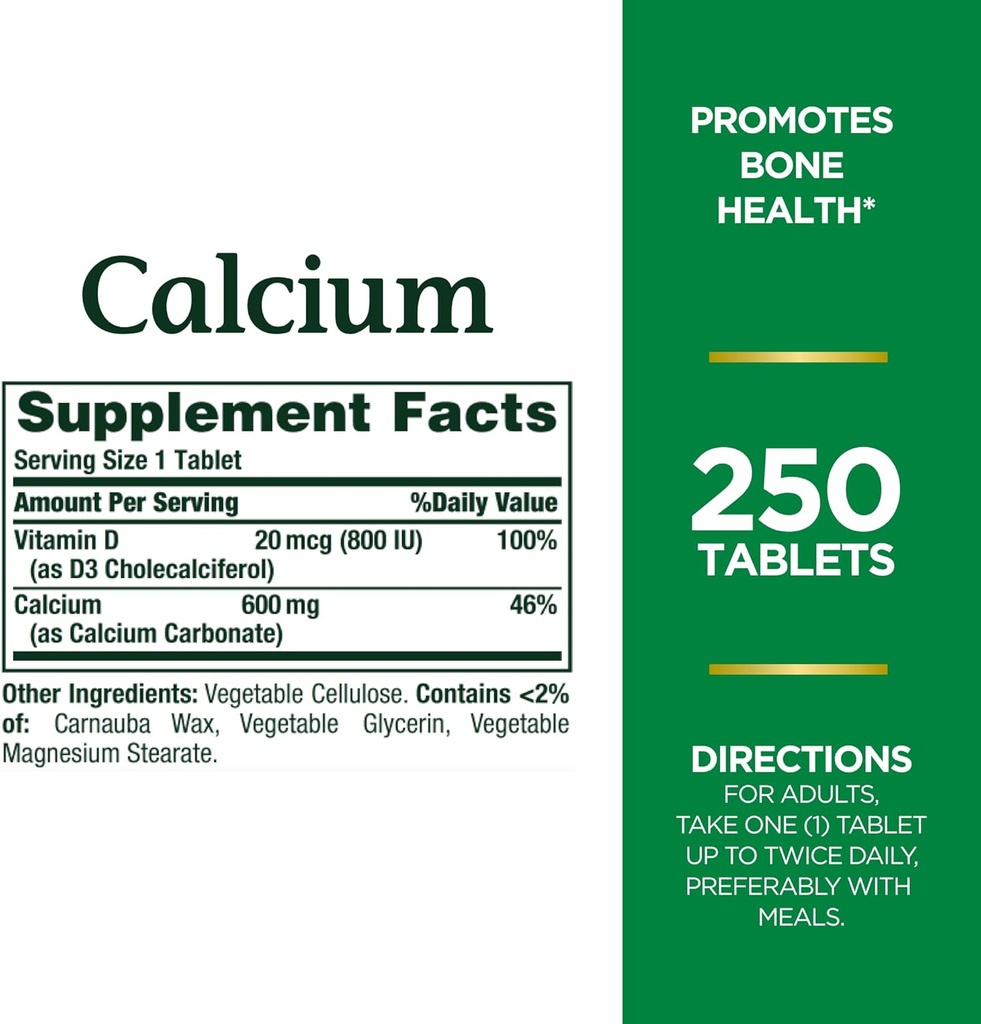 Nature 's Bounty Calcium Carbonat & D-vitamin, understøtter immunforsvar & knoglersundhed, 600 mg Calcium & 800IE D3- vitamin, 250 tabletter (pakke med 2)