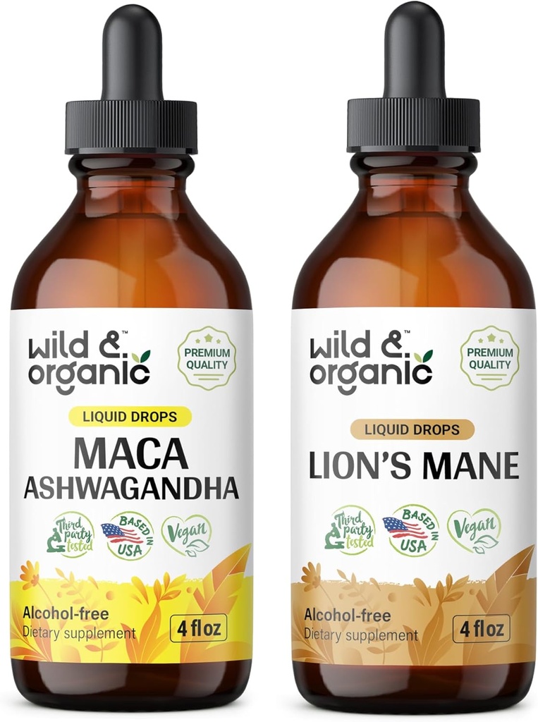 Wild & Organic Maca Ashwagandha Tincture 4 fl oz & Lion's Mane Tincture 4 fl oz
