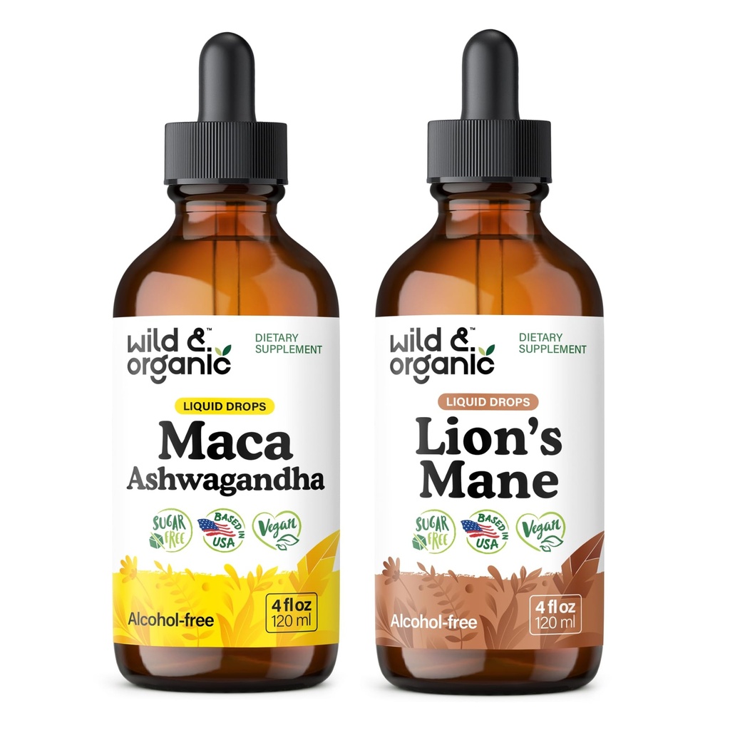 Wild & Organic Maca Ashwagandha Tinktur 4 fl oz & Lions Mane Tinktur 4 fl oz