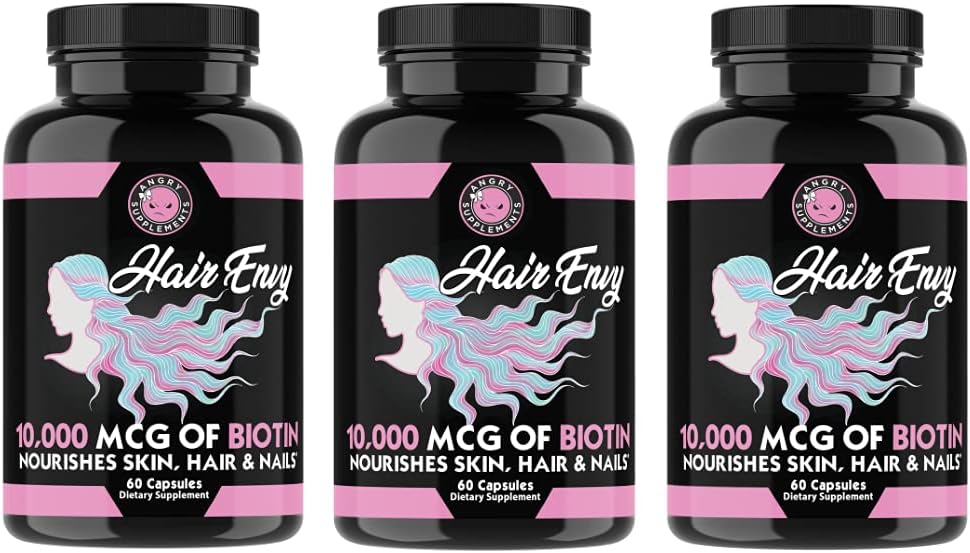 Angry Supplements Hår Envy 10.000 mcg Biotin + Keratin, Grow + Hydrate Hår, Styrke Thicken Nails, Clear & Nourish Skin - Hjælp skadede snurrende hår, (3-flasker)