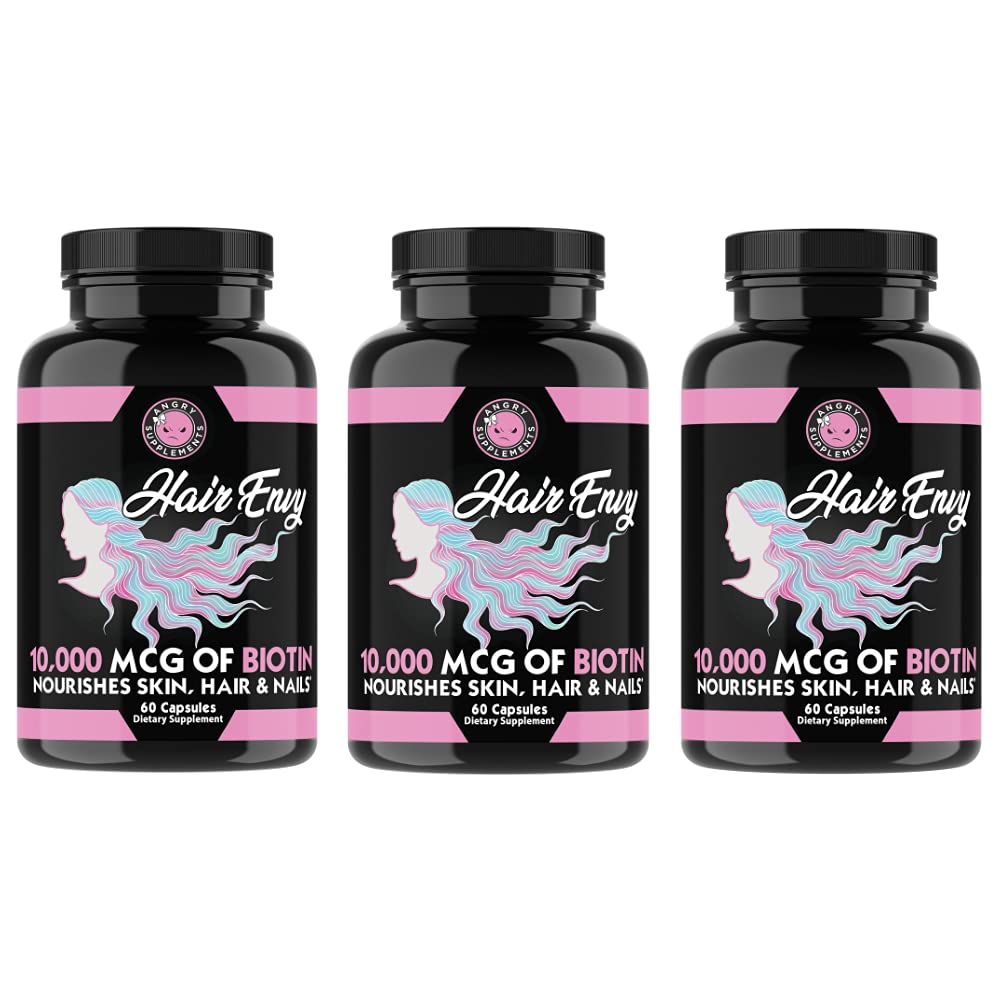 Angry Supplements Hår Envy 10.000 mcg Biotin + Keratin, Grow + Hydrate Hår, Styrke Thicken Nails, Clear & Nourish Skin - Hjælp skadede snurrende hår, (3-flasker)